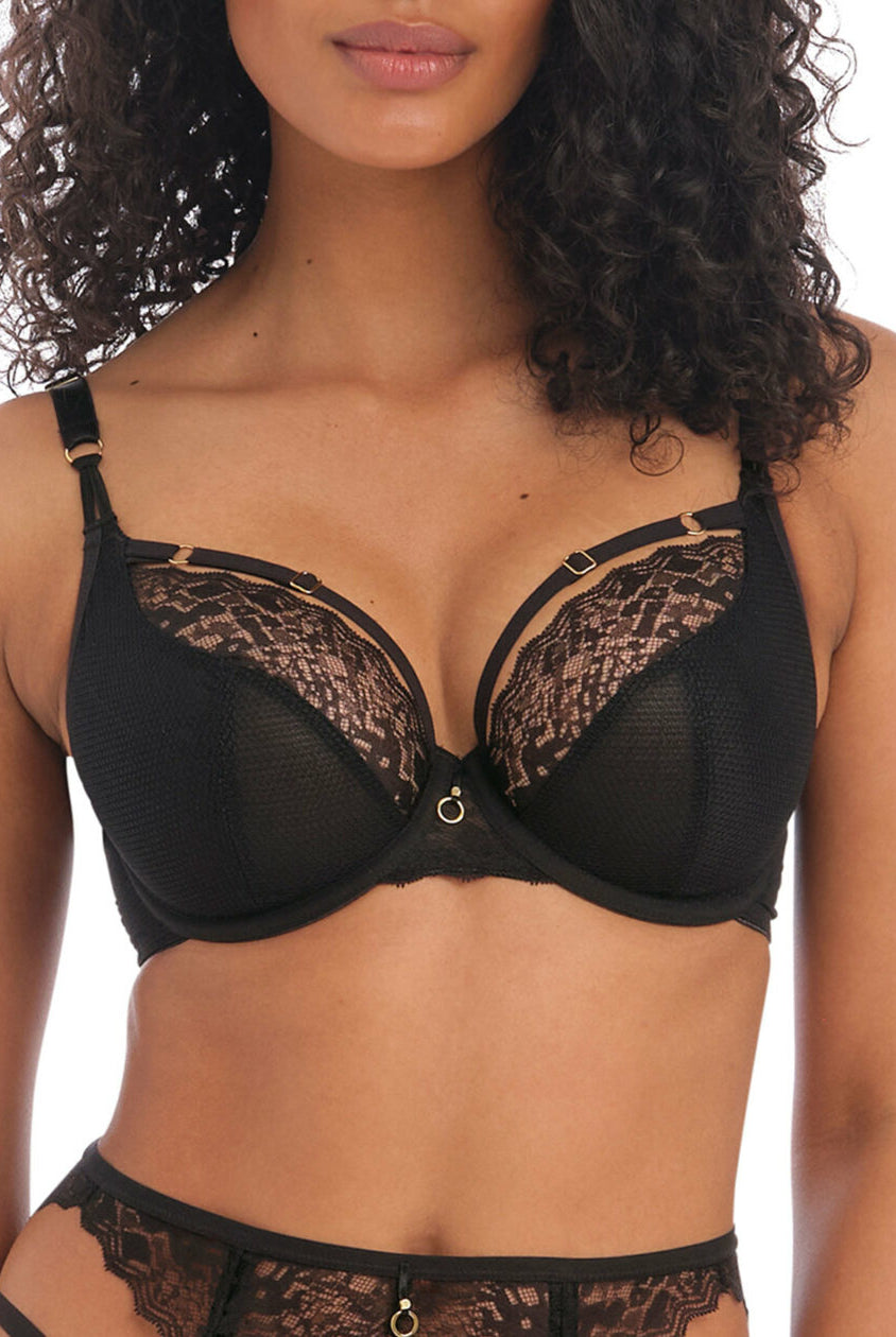 Closeup of Freya temptress Black Plunge Bra