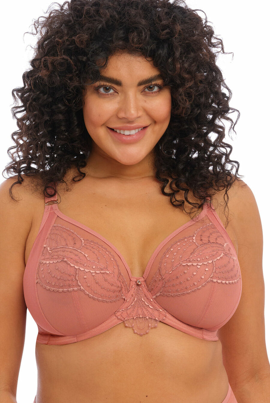 Closeup of Elomi Priya Underwire plunge bra in Rose Gold