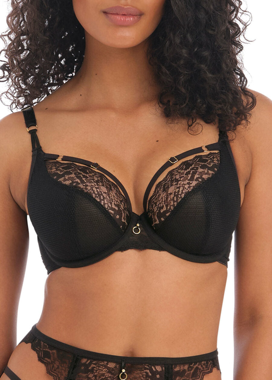 Closeup of Freya temptress Black Plunge Bra