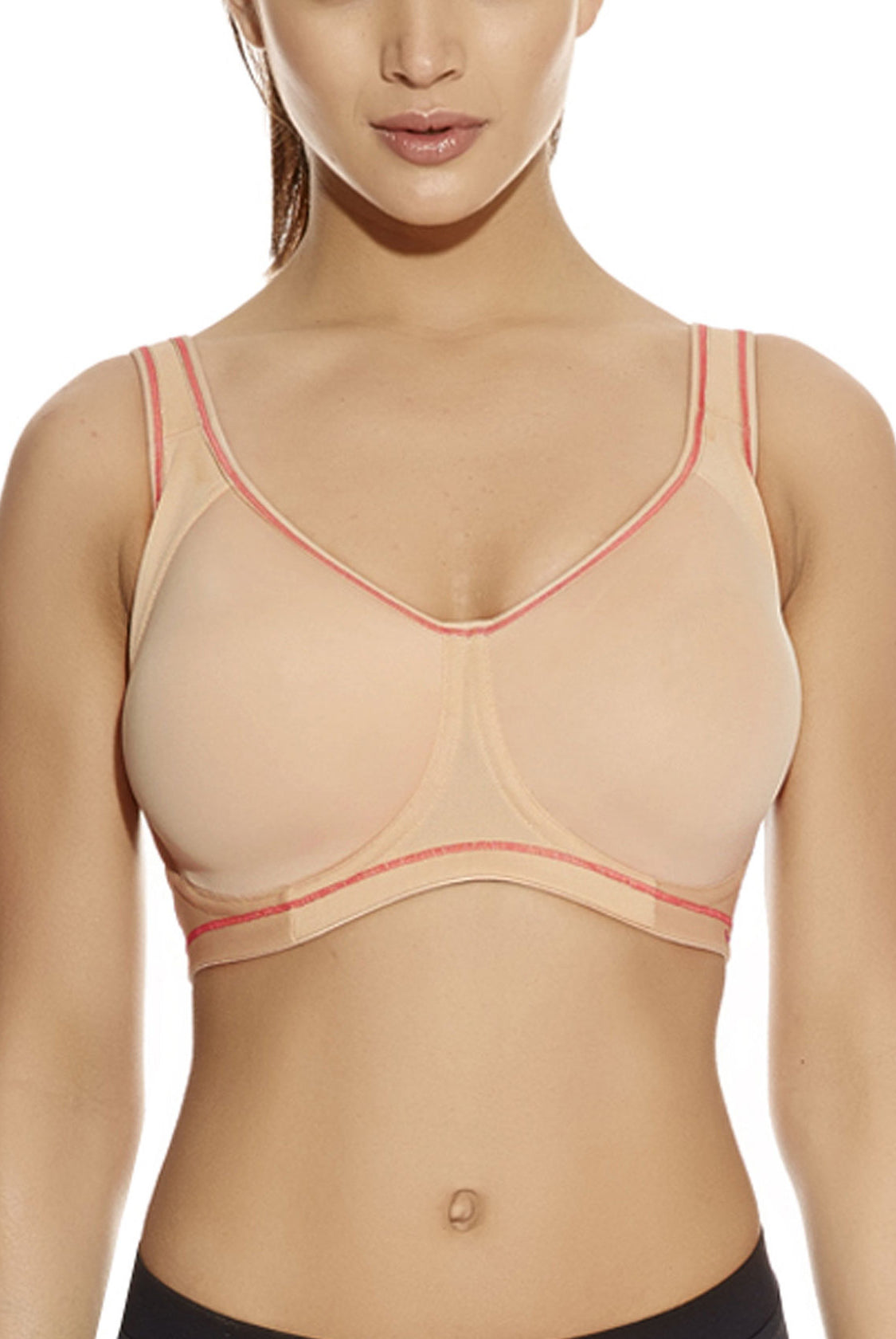 Close up of Freya's Sonic Underwire Moulded Spacer Sports Bra in Nude. Style number AA4892-NUE