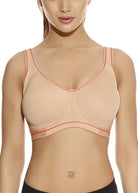 Close up of Freya's Sonic Underwire Moulded Spacer Sports Bra in Nude. Style number AA4892-NUE