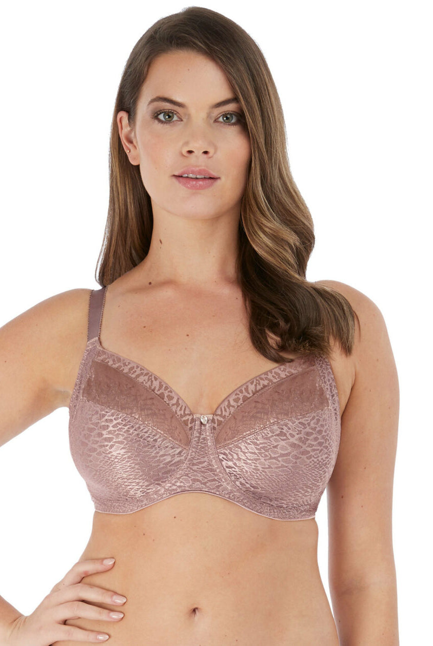 Close up of Fantase's Envisage Full cup bra with side support in Taupe
