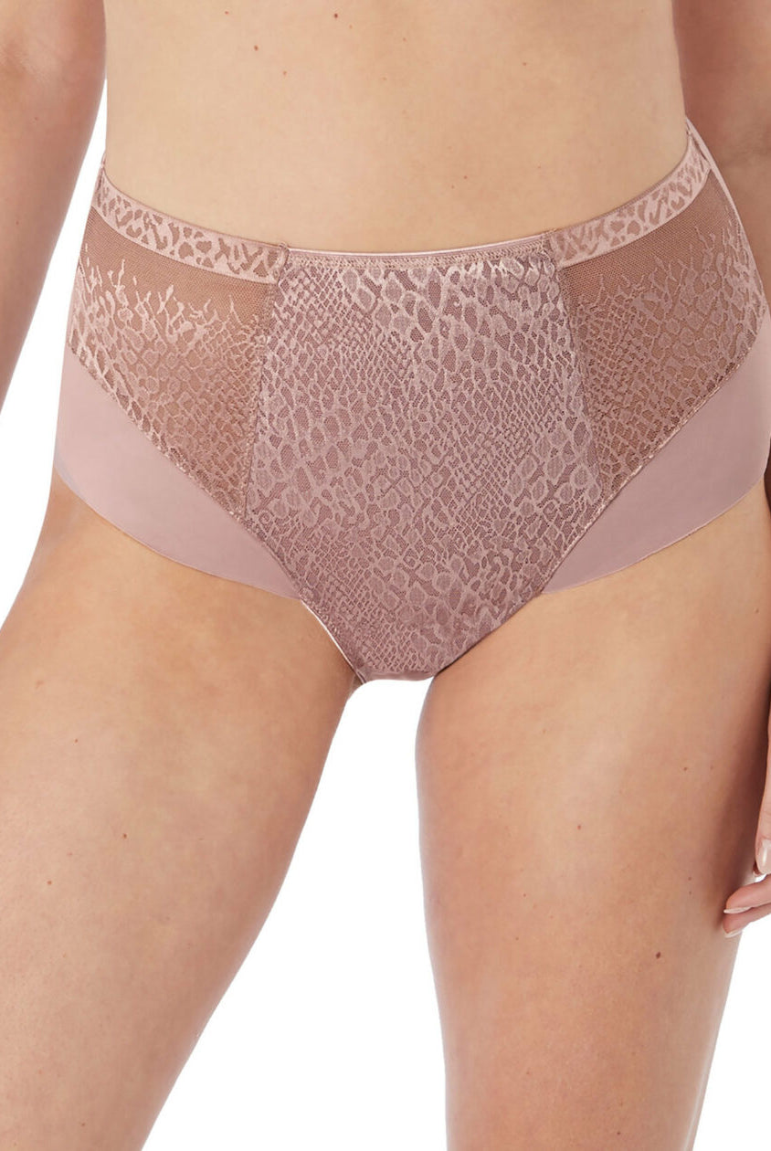 Front veiw of Fantasie's Envisage High waisted brief in Taupre .FL6918-TAE