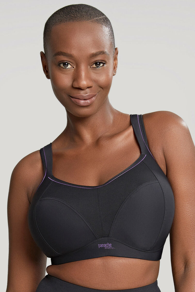 Close up of Panache Wirefree sports bra in black. 7341