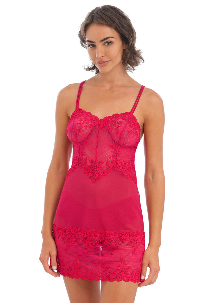 Front view of Wacoals Embrace lace Chemise in Persian Red