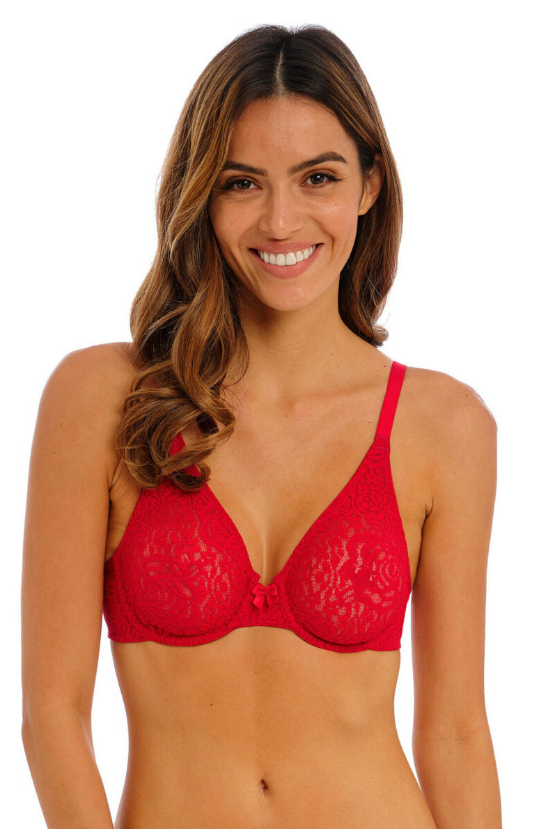 Closeup of Wacoal Halo Lace Moulded underwire Bra in Barbados Cherry