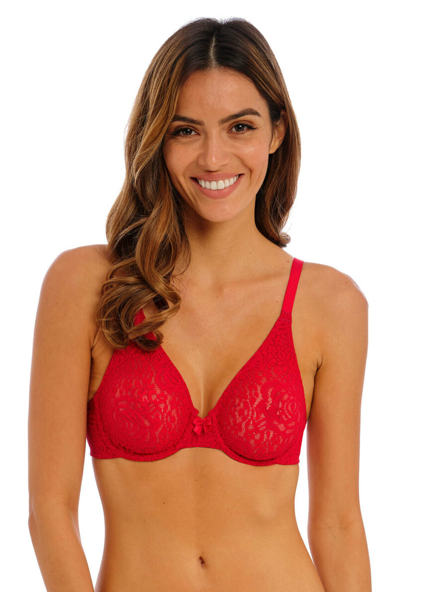 Closeup of Wacoal Halo Lace Moulded underwire Bra in Barbados Cherry