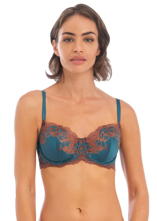 Close up of WA851256-979-primary-Wacoal-Lingerie-Lace-Affair-Blue-Coral-With-Cherry-Mahogany-Underwire-Bra-