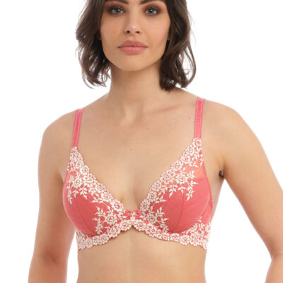Closeup of Wacoal Embrace Lace Plunge Bra in Faded Rose/White Sand